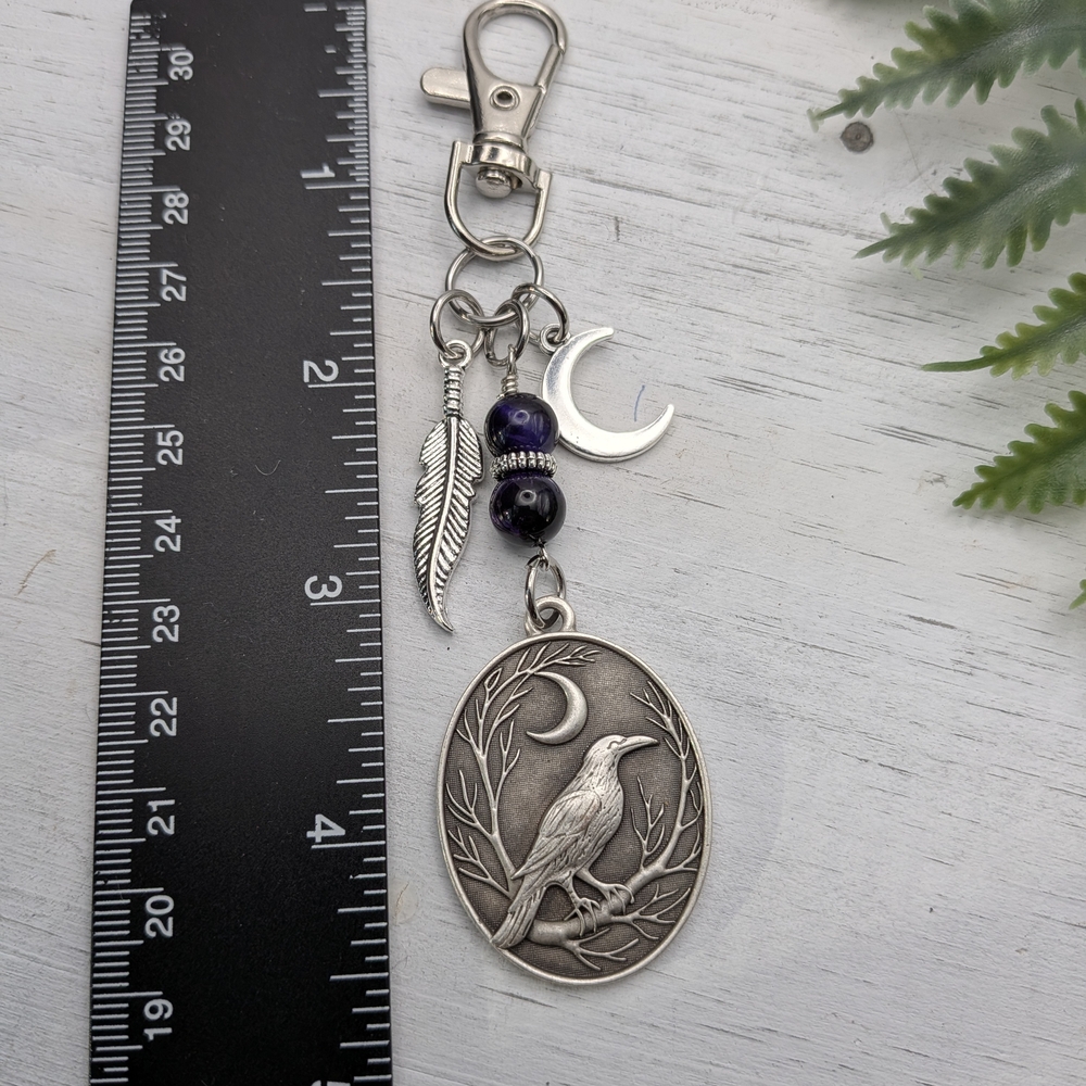 Raven Moon Keychain with Feather & Crescent Charms / Bag Charm - Picture 4 of 4